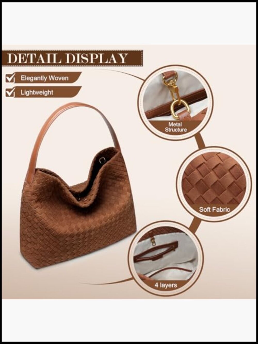 Slouchy Woven Hobo Bag Elegant Faux Suede Shoulder Tote Work Travel - Picture 3 of 7
